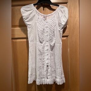 Boho Fringe Embroidered Women's Tunic Balloon Short Sleeve Empire Waist Size XL